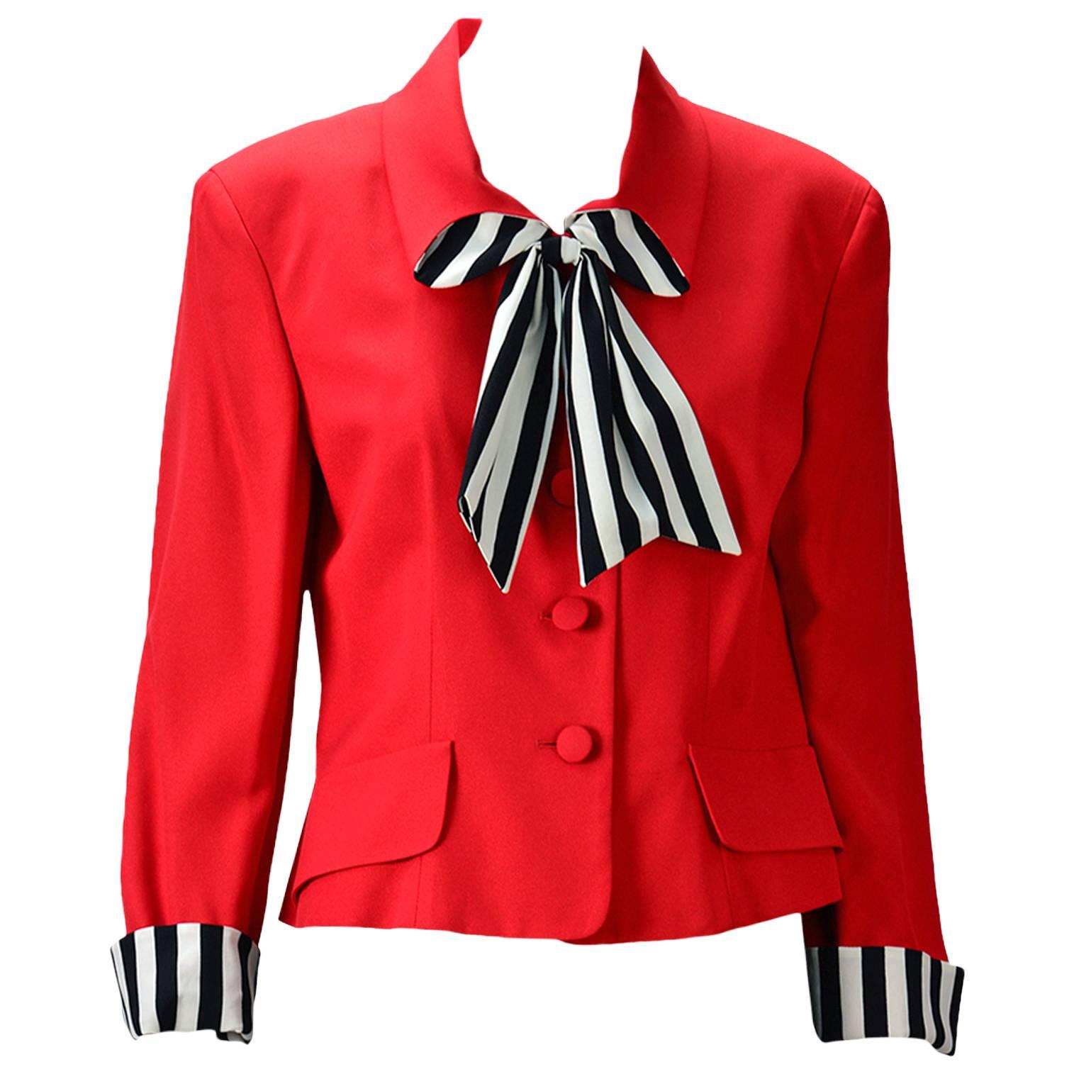 Moschino "Cheap and Chic"  Red Blazer with Black/White Striped Bow  For Sale