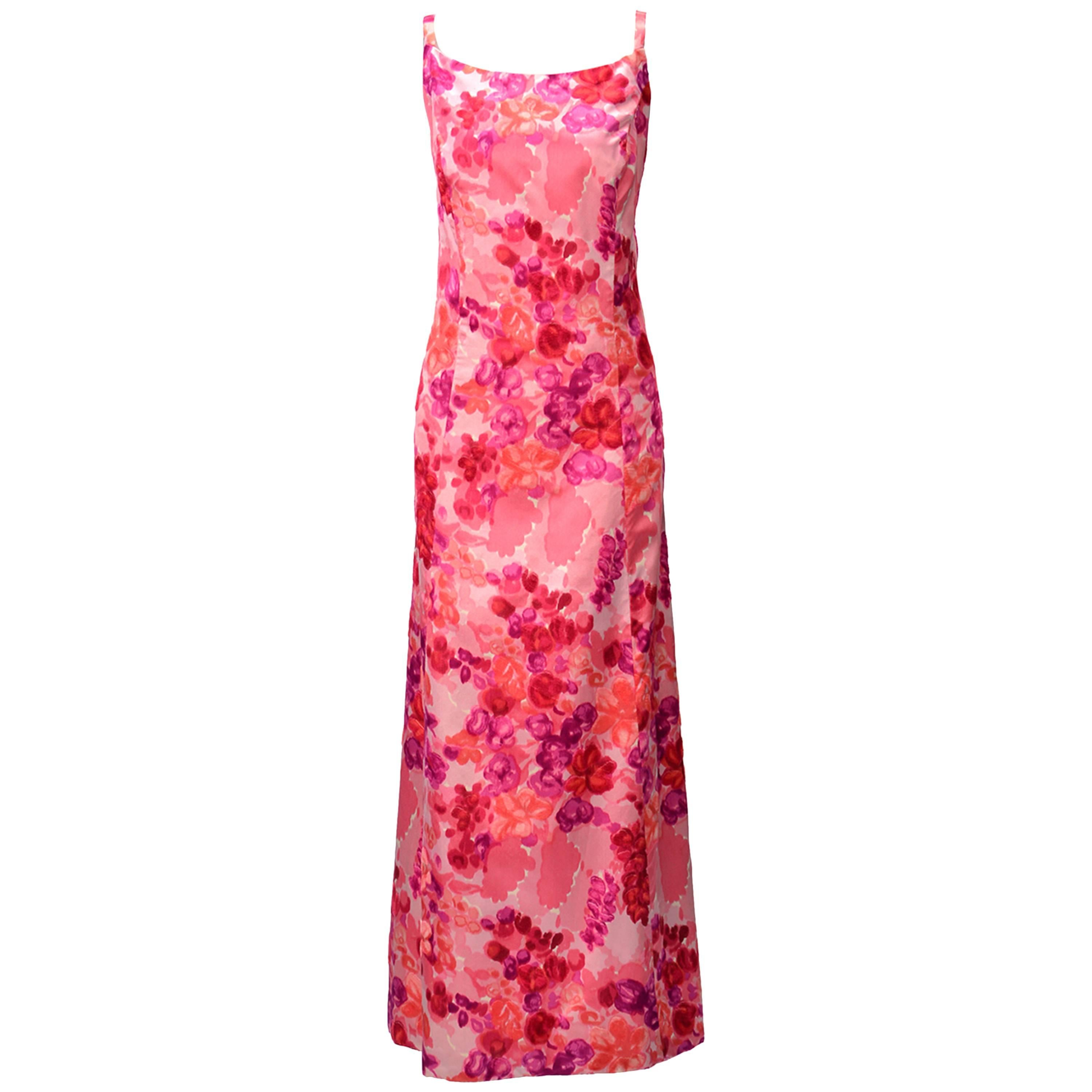 1964 Helga Salmon Pink Silk Satin Evening Gown with Velvet Flowers