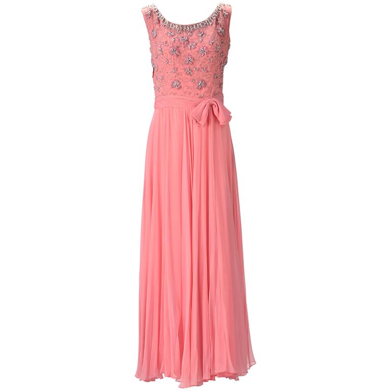 1960s Pink Chiffon Beaded Dress For Sale at 1stdibs