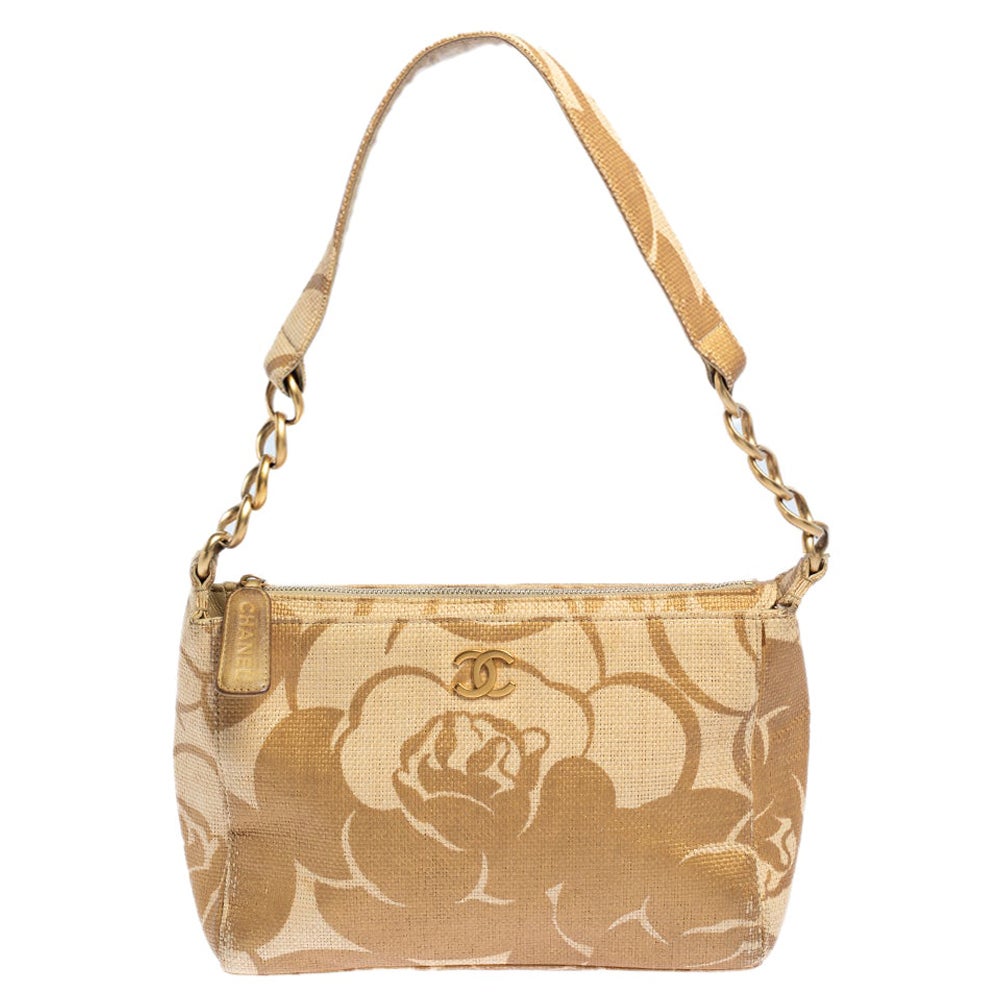Chanel Gold Camellia Print Raffia Shoulder Bag