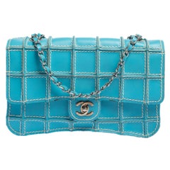 Chanel Blau Leder Vintage Reverse Stitch Flap Tasche