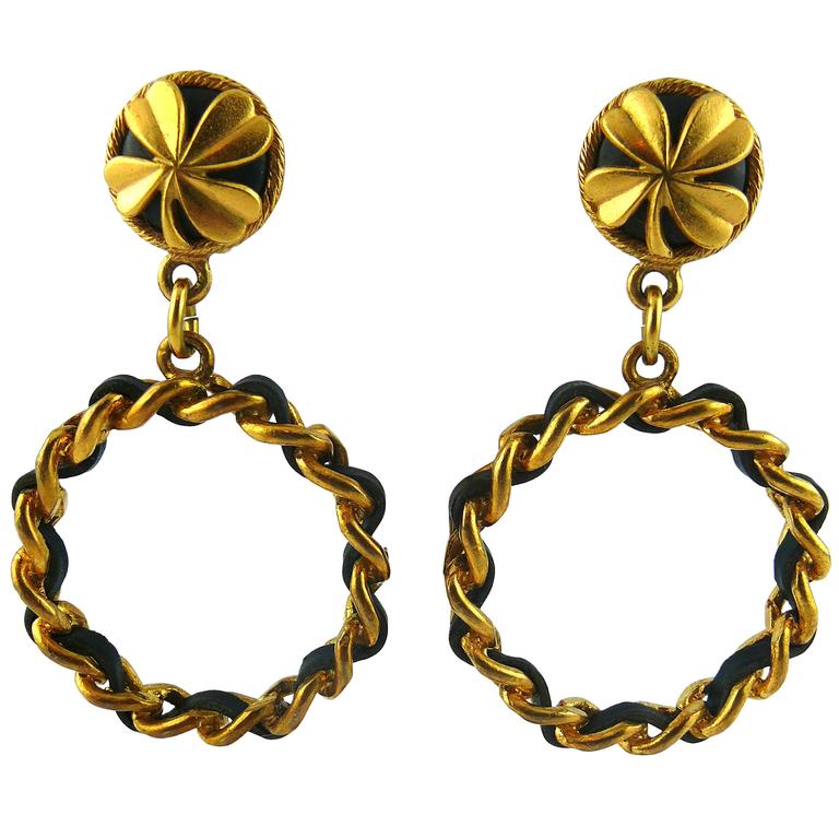 Chanel Vintage Iconic Clover Chain And Leather Hoop Earrings 1994 Chanel Vintage Iconic Clover Chain And Leather Hoop Earrings 1994 For