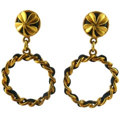 Chanel Vintage Iconic Clover Chain and Leather Hoop Earrings 1994