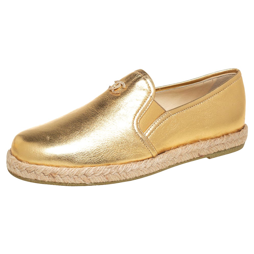 Chanel Metallic Gold Leather CC Espadrille Loafers Size 36