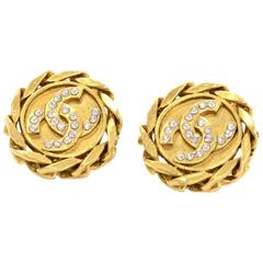 Chanel Vintage Gold and Rhinestone CC Braided Round Button Earrings