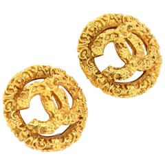 Chanel Retro Gold and Pearl Textured Round Button Earrings