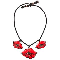 Yves Saint Laurent Painted Metal Poppy Necklace On Cord