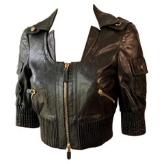 Gucci Vintage Black Leather Crop Top Biker Jacket Coat