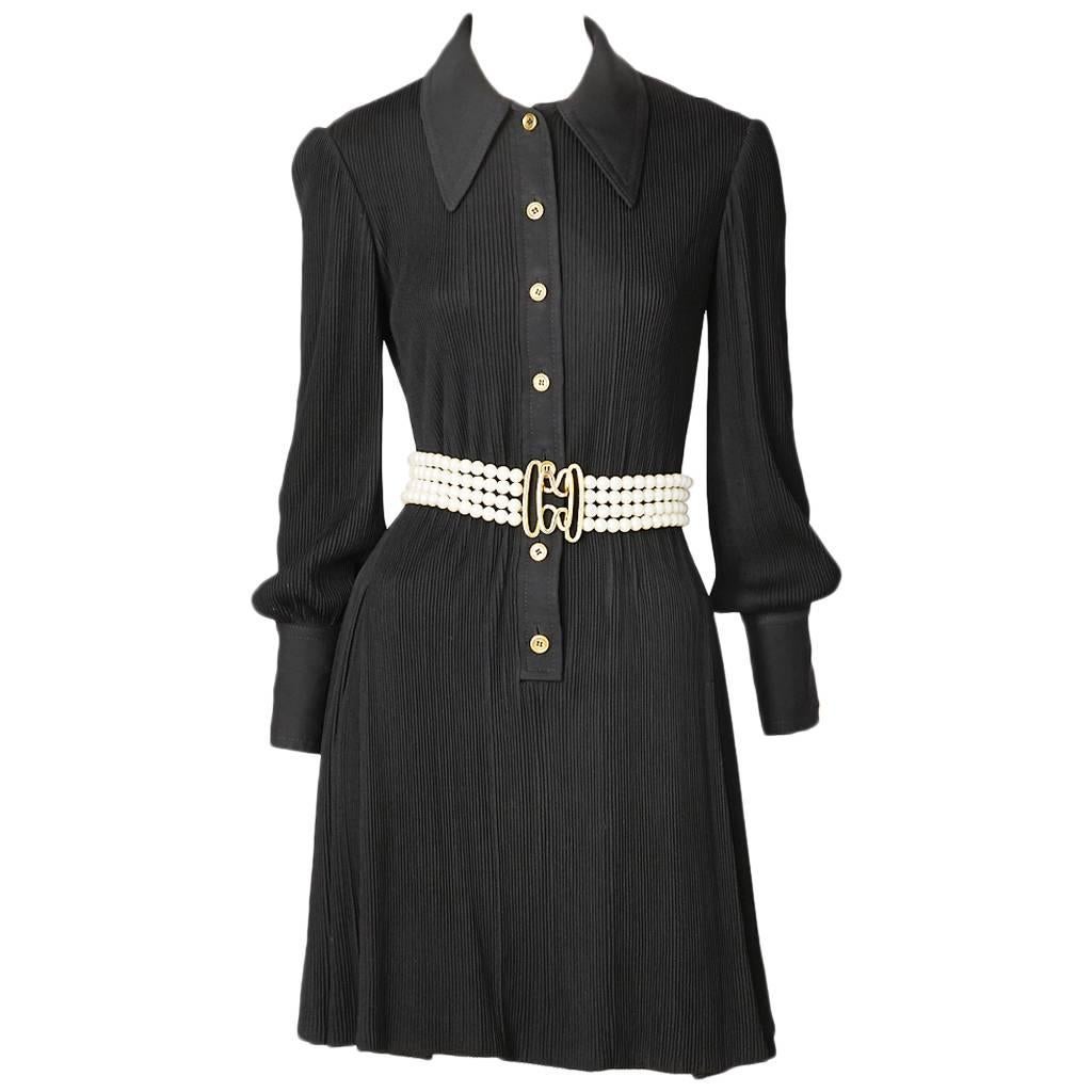 Galanos Ribbed Shirt Dress With Multistrand Pearl Belt