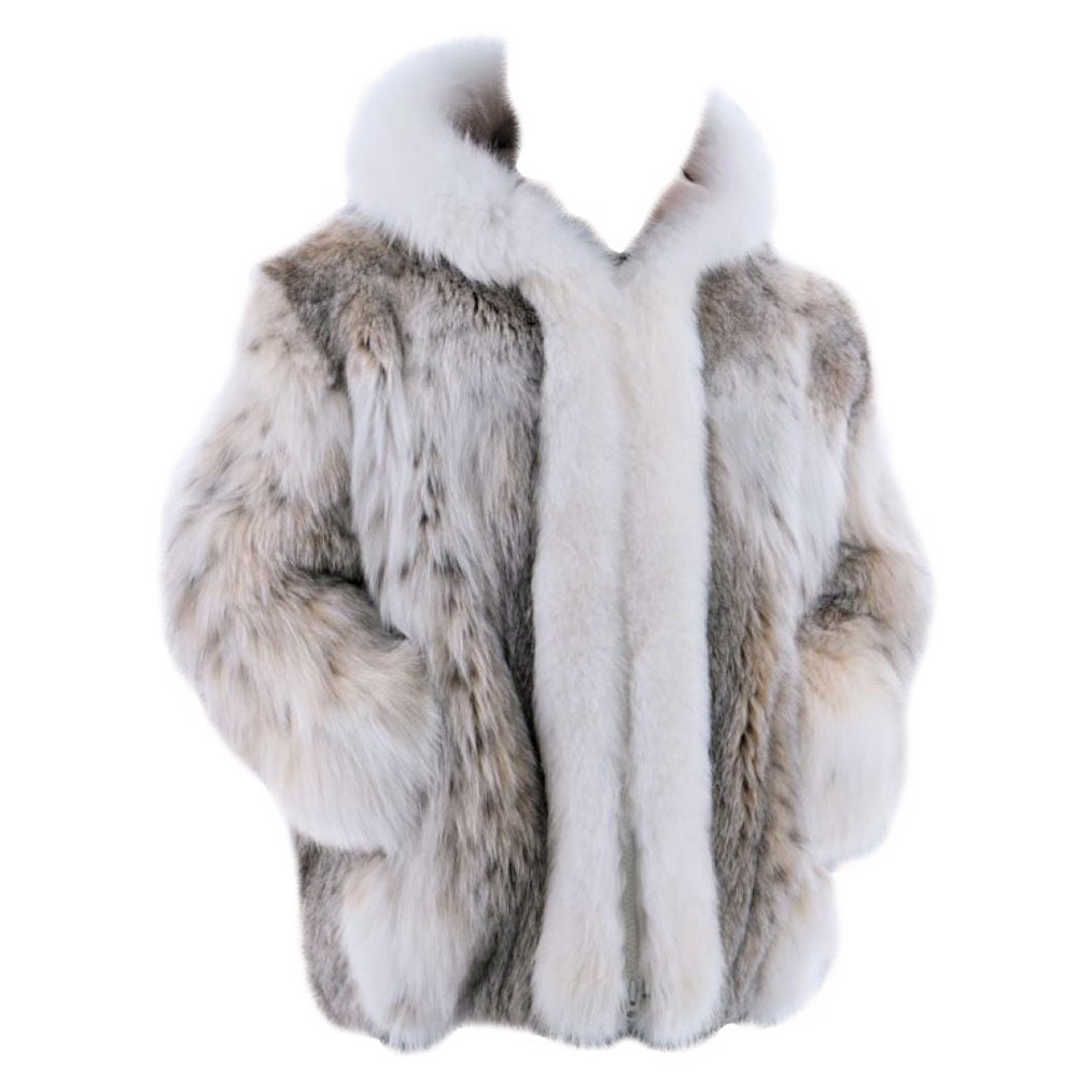 Brand new men's lynx fur coat with fox fur trim size L For Sale