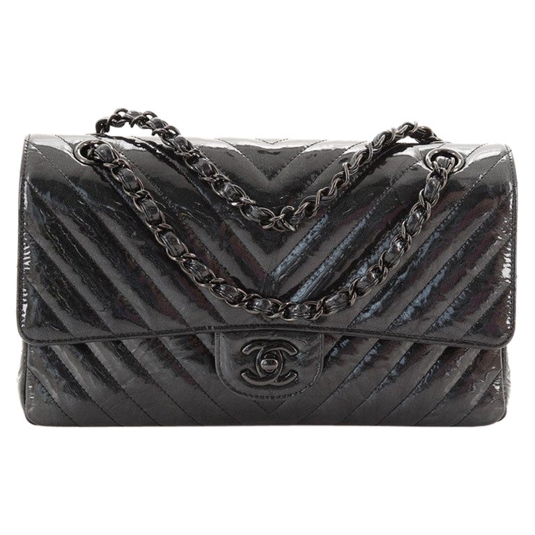 Chanel So Black Classic Double Flap Bag Chevron Crumpled Metallic Patent  Medium