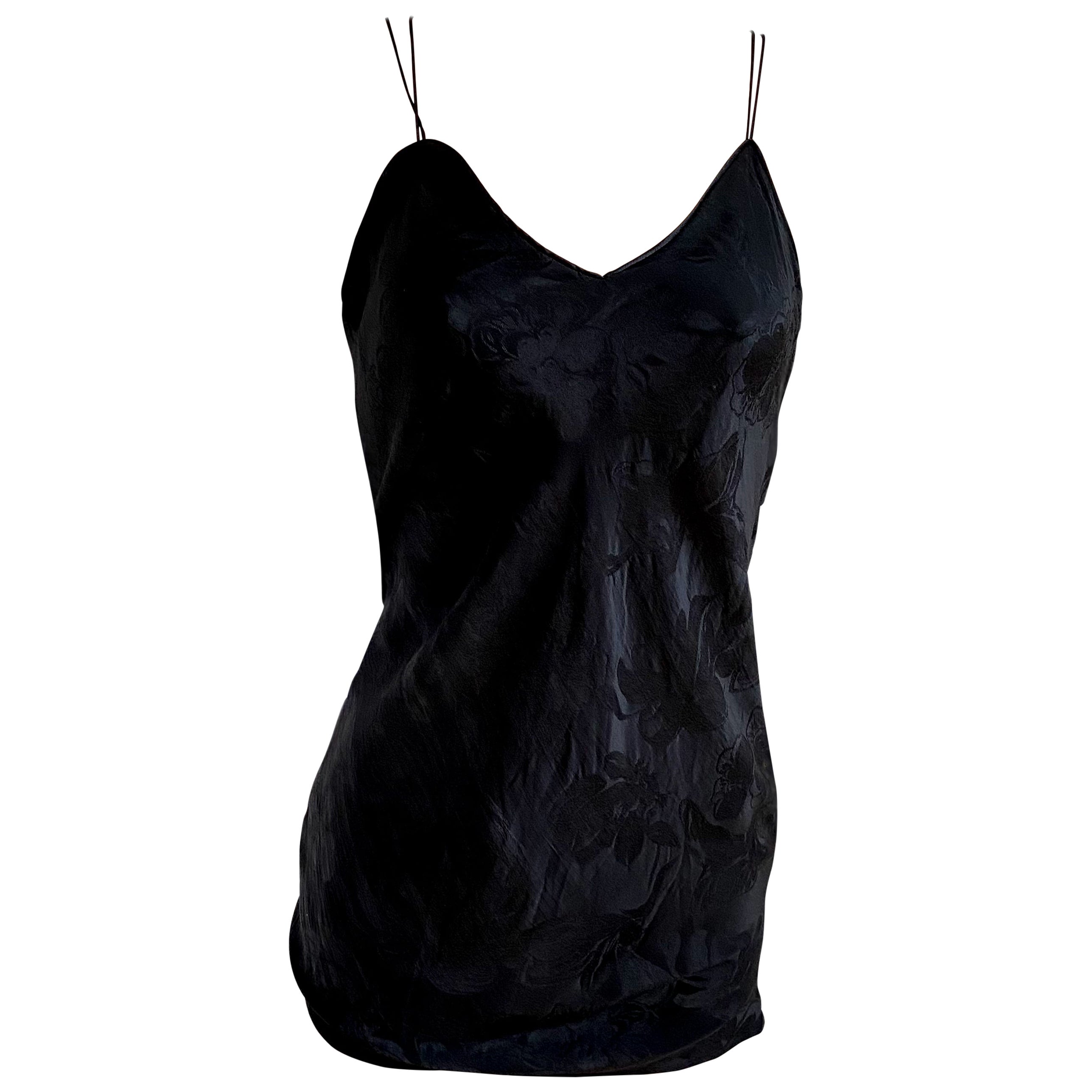 Black silk jacquard short slip dress with side slit - Flora Kung