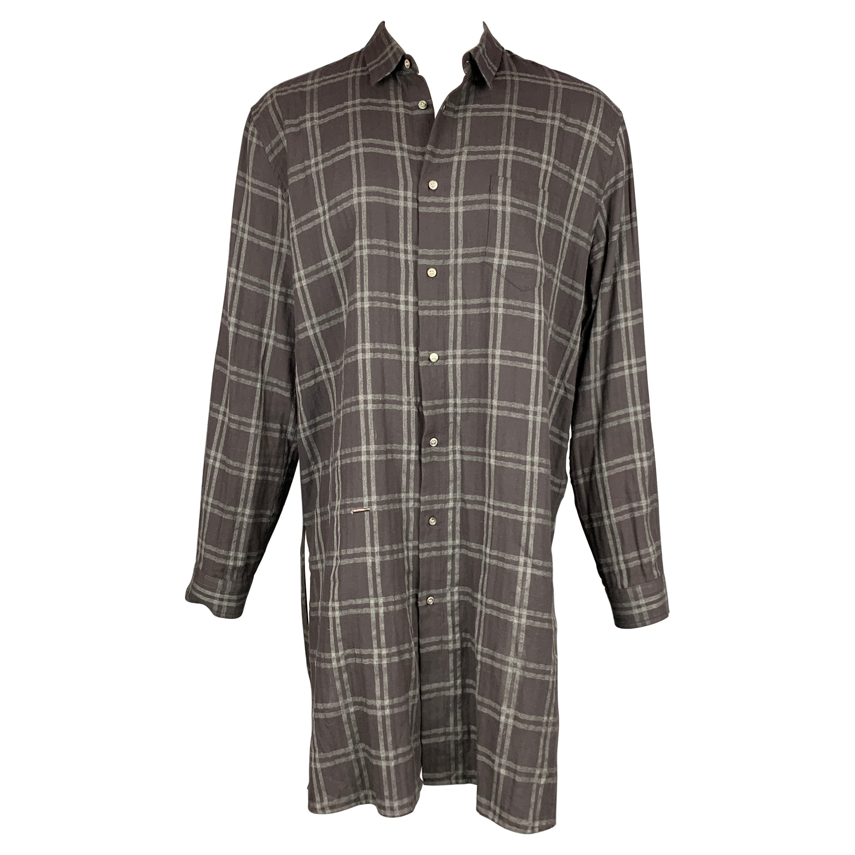 ROBERT GELLER Size L Charcoal & Grey Plaid Cotton Blend Long Sleeve Shirt