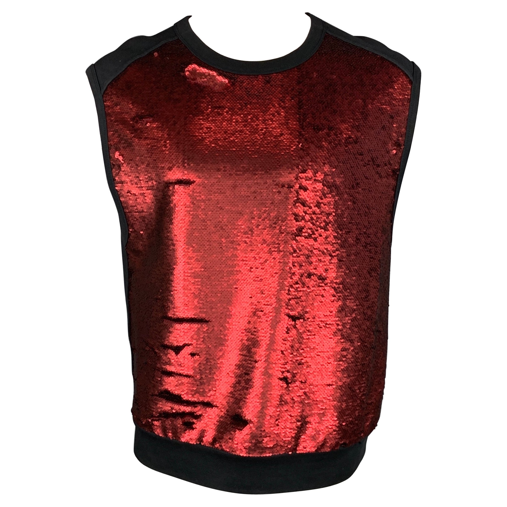 DRIES VAN NOTEN S/S 16 Size M Red & Black Sequined Cotton / Polyester Vest