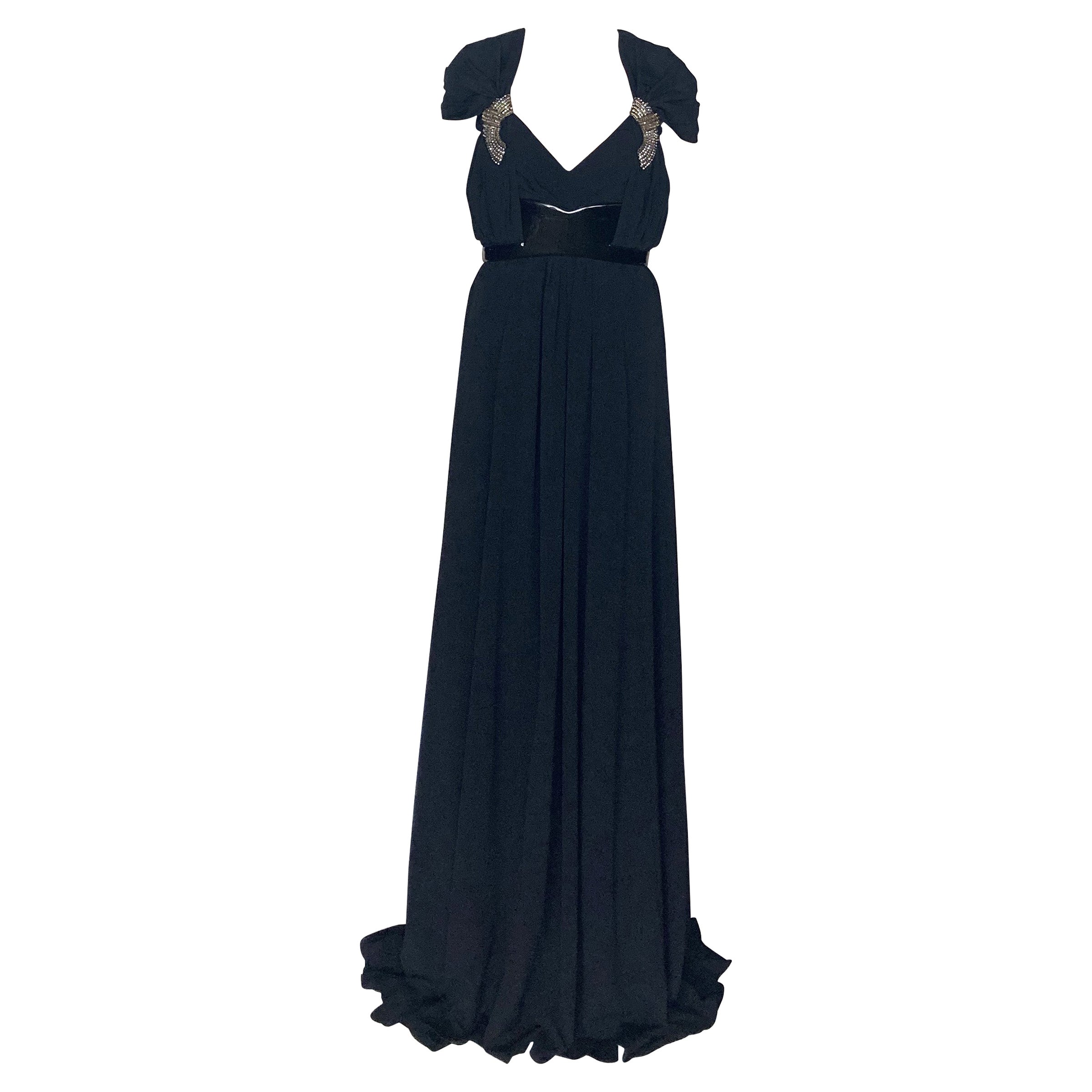 New GUCCI BLACK LONG BELTED DRESS GOWN WITH CRYSTAL EMBROIDERY 42 - 8