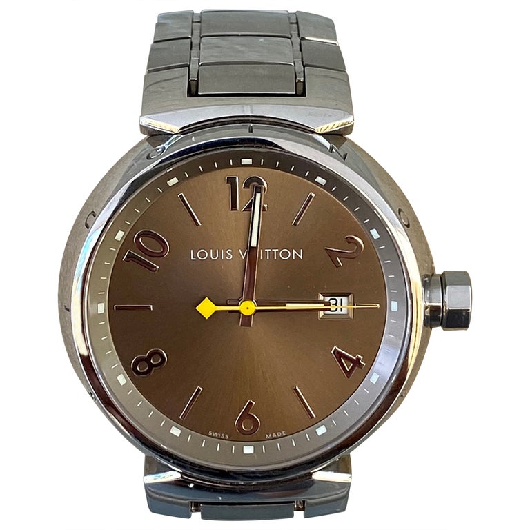 Pre-owned Louis Vuitton Tambour Quartz Brown Dial Ladies Watch Q1311, Quartz Movement, Rubber Strap, 34 mm Case in Black / Brown