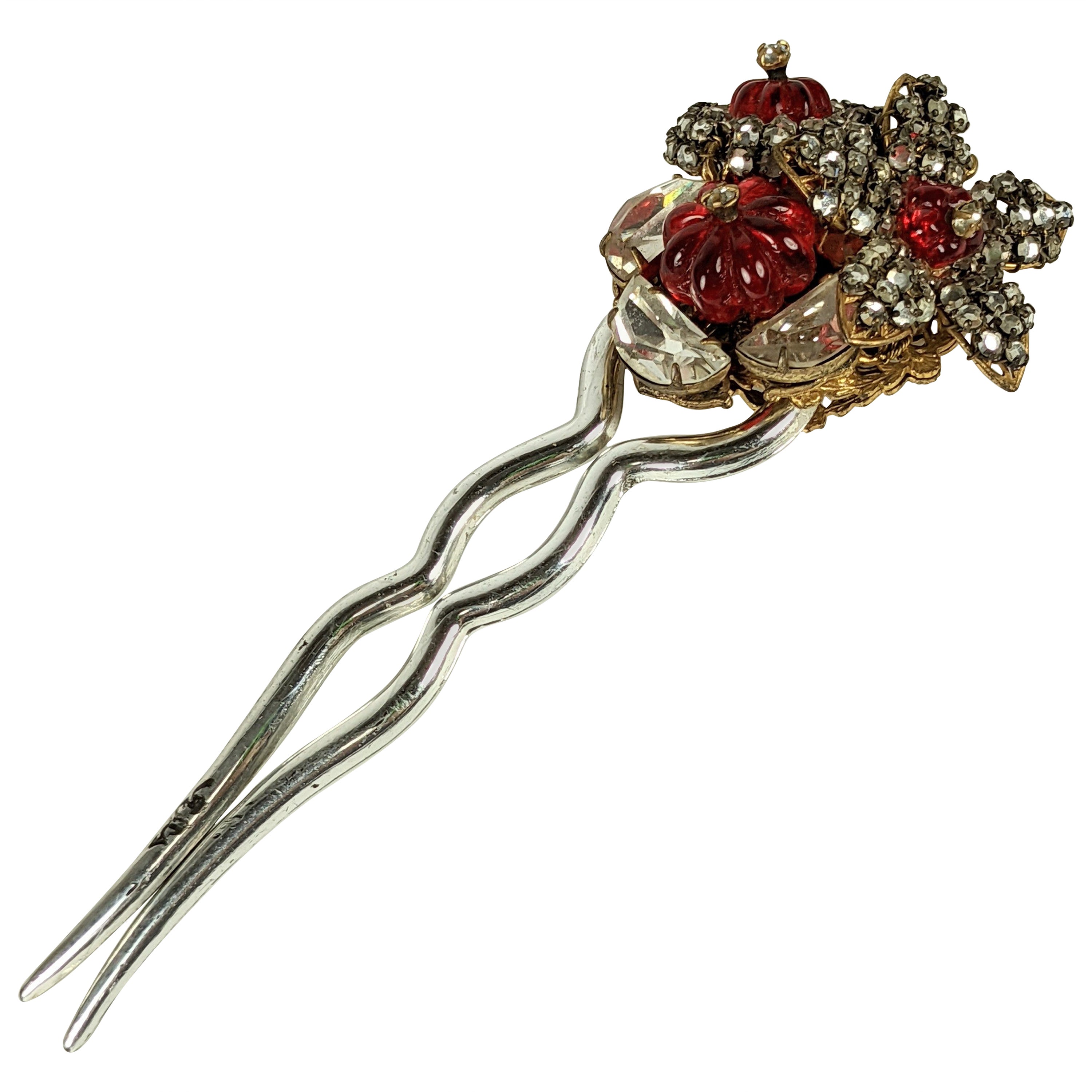 Miriam Haskell  Rare Ruby Melon Bead  Gripoix Glass Haircomb For Sale