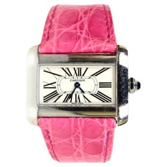 Cartier Stainless Steel Tank Divan Watch w/ Pink & Black Crocodile Straps