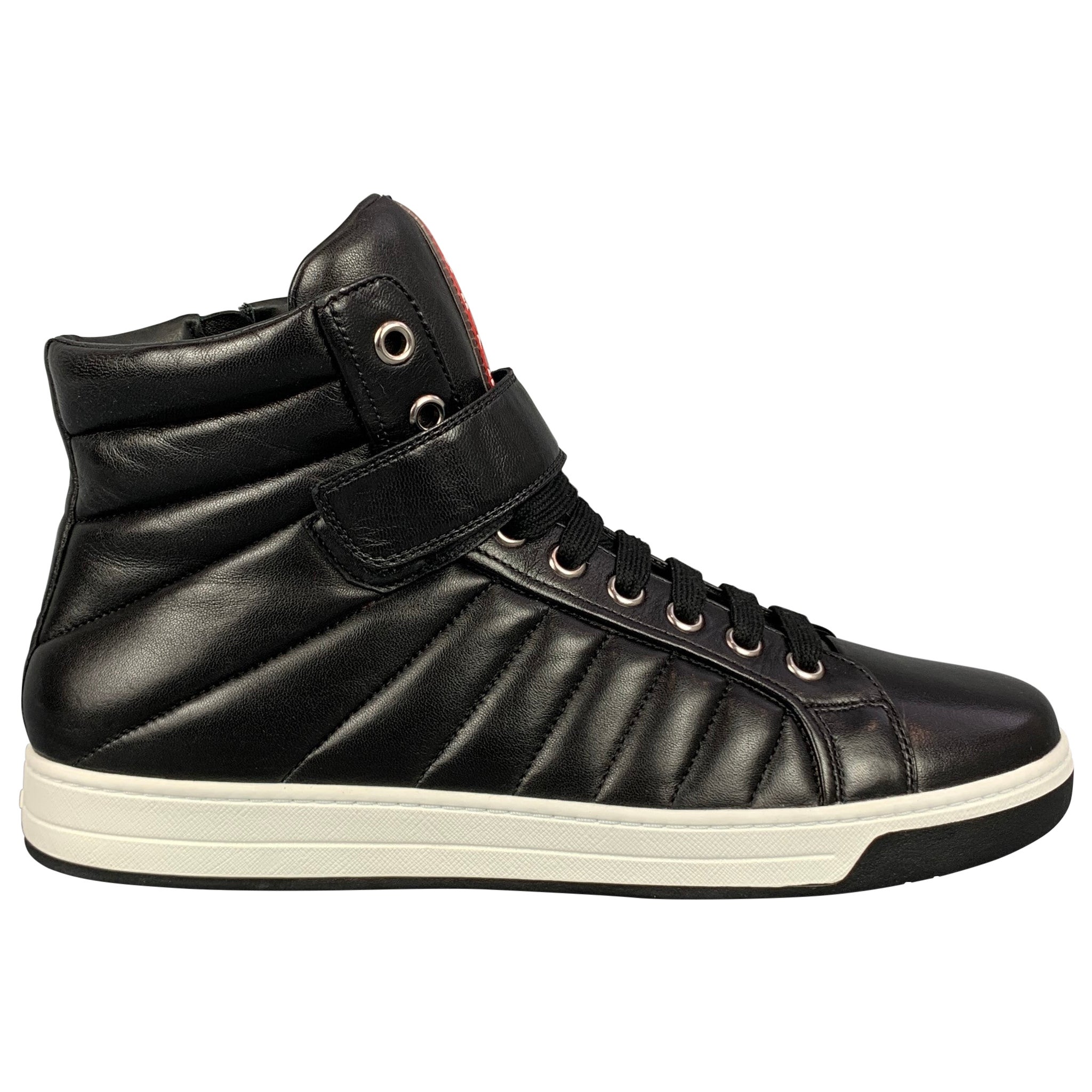PRADA Size 10.5 Black Quilted Leather High Top Sneakers