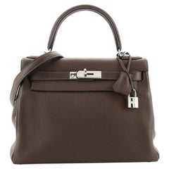 Hermes Kelly Handbag Chocolate Clemence with Palladium Hardware 28