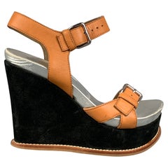 MARNI Size 6 Tan & Black Color Block Leather Wedge Sandals
