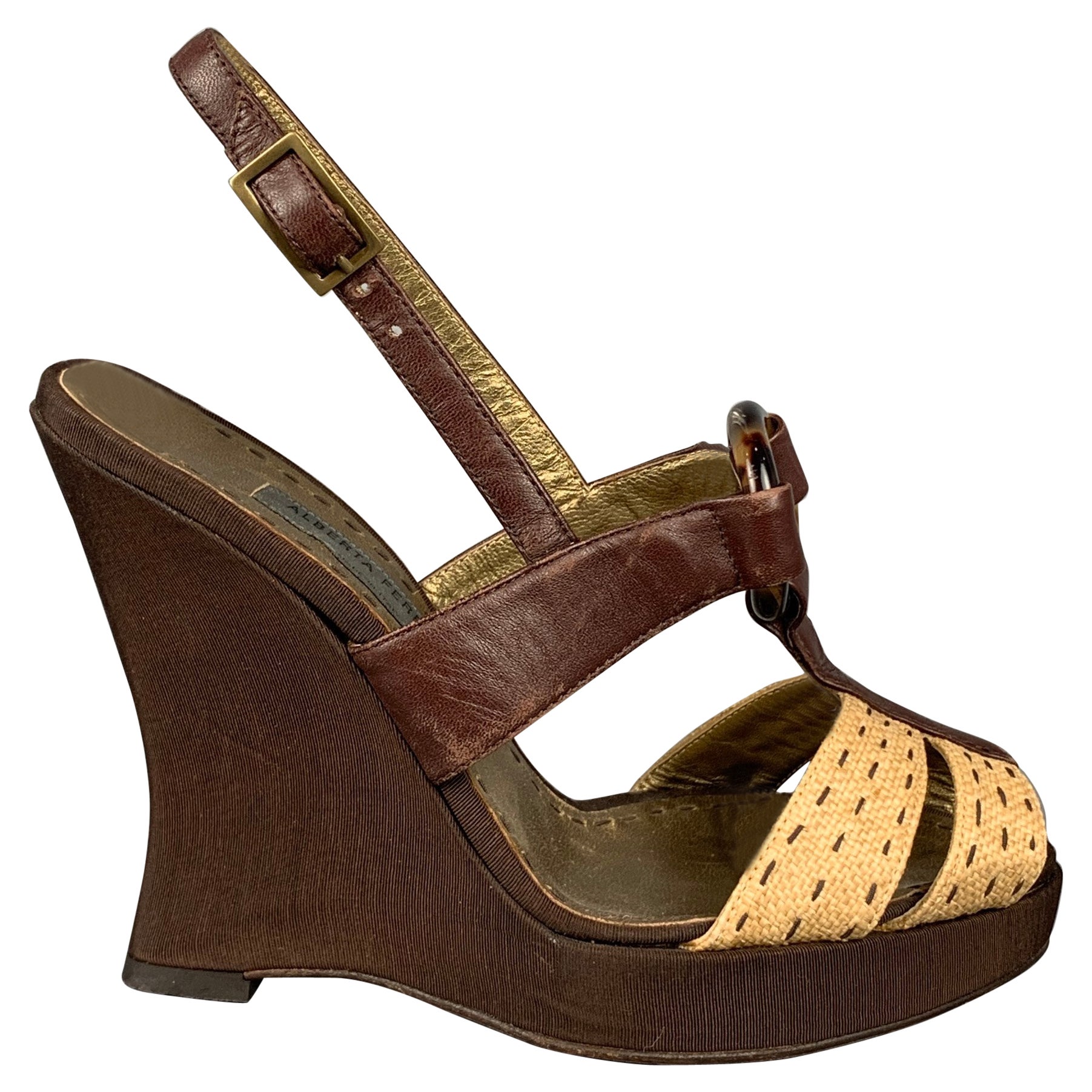 ALBERTA FERRETTI Size 6.5 Brown & Beige Silk Leather Wedge Sandals