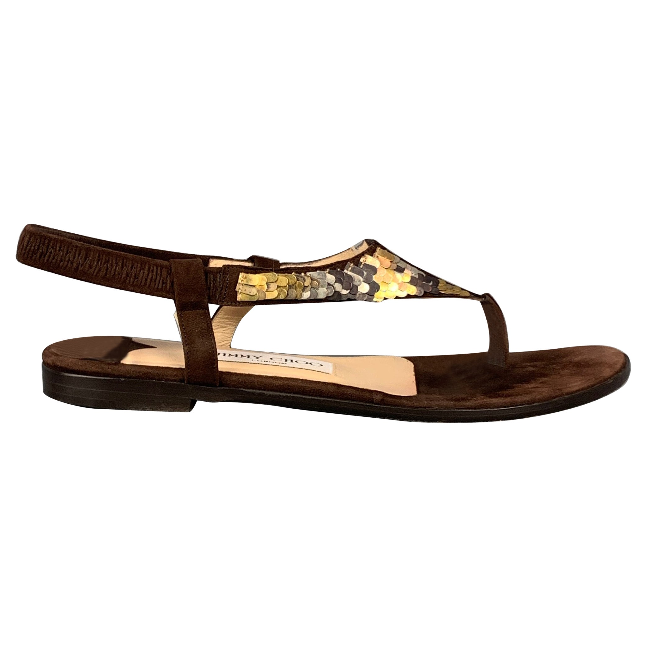 JIMMY CHOO Size 6 Brown & Gold Sequined Suede Flat Sandals