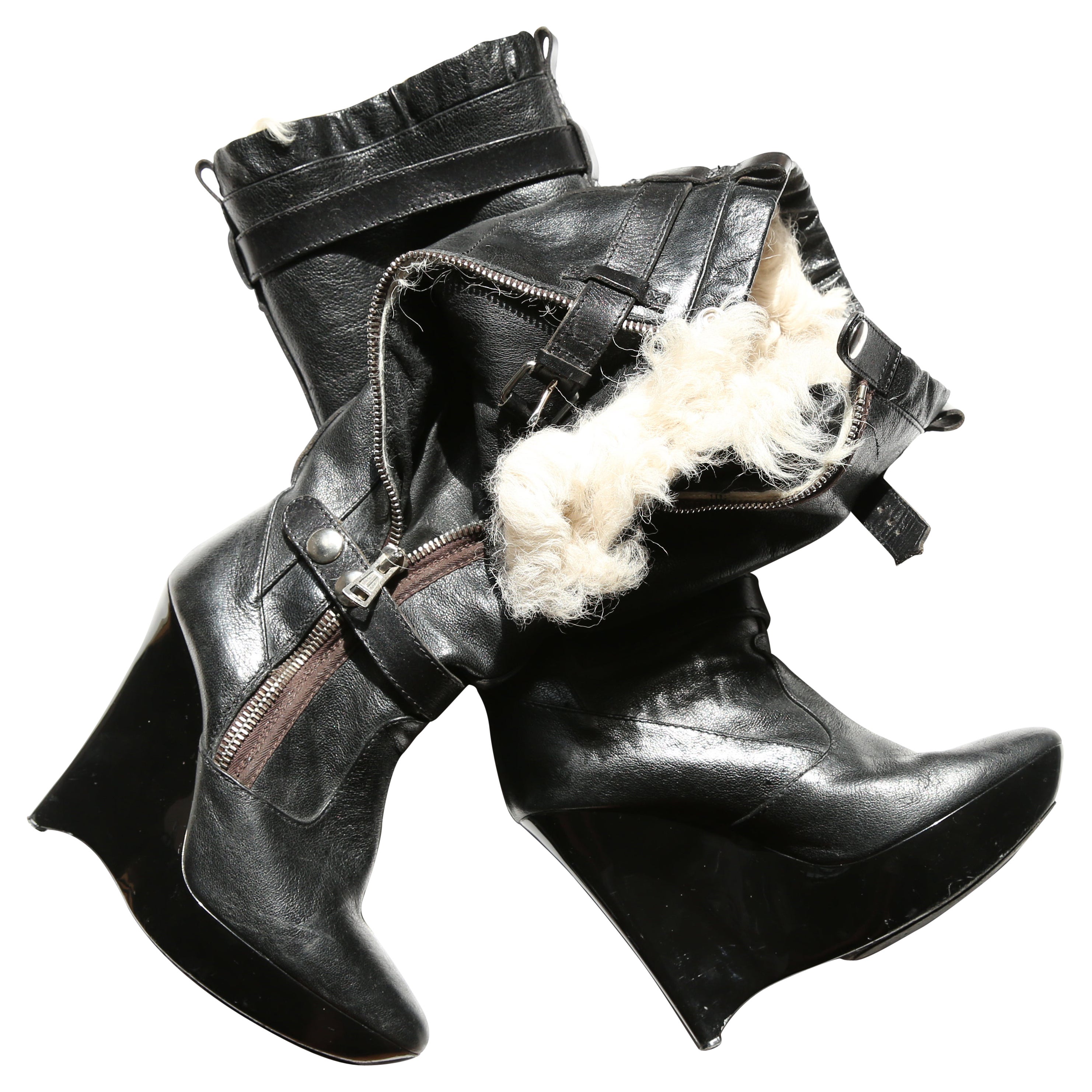 Balenciaga F/W 04 black leather shearling fur zip platform wedge heels boots 39