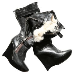 Balenciaga H/W 04 Schwarze Lederstiefel mit Keilabsatz aus Pelz und Reißverschluss 39