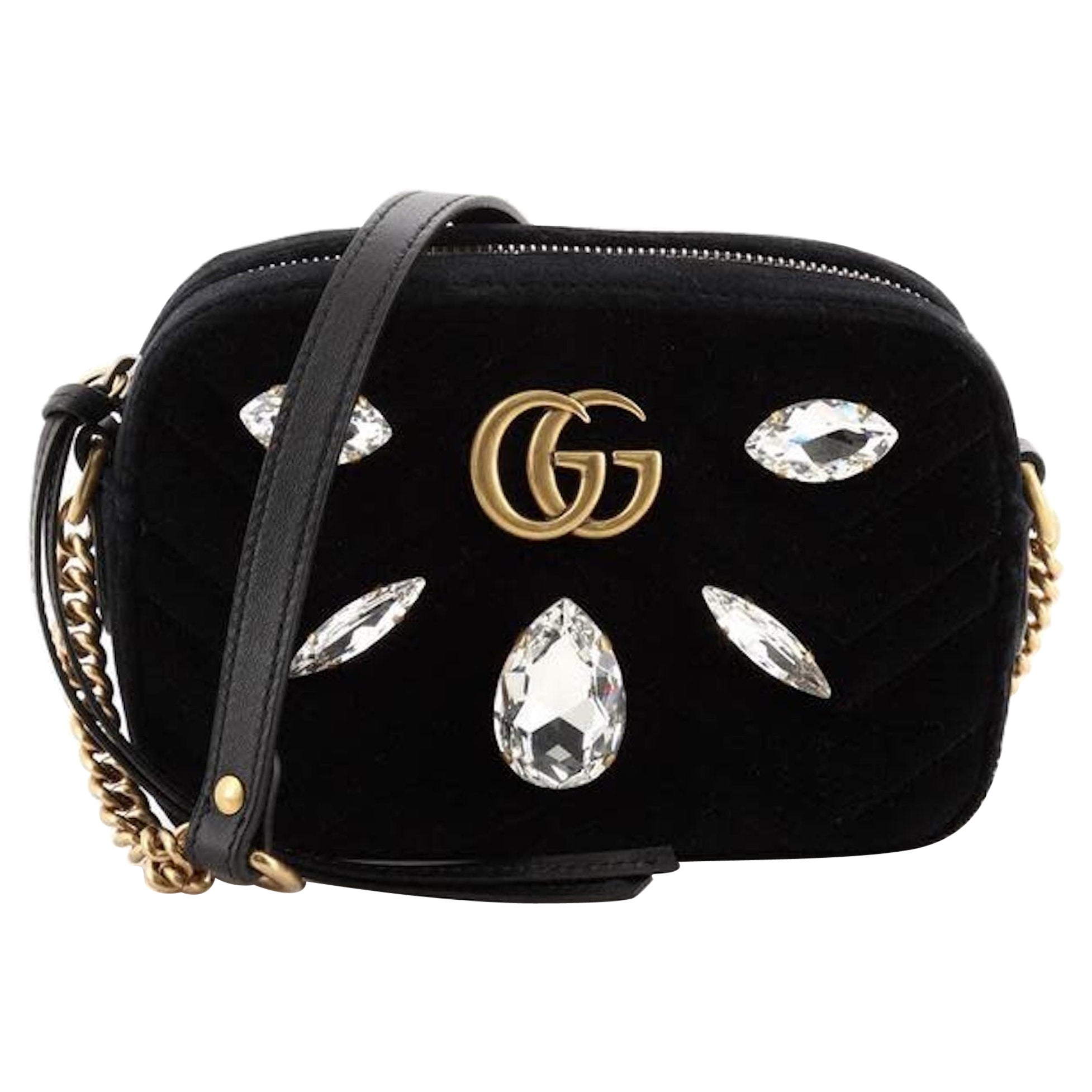 Gucci GG Marmont Crystal Emb Matelasse Black Velvet Shoulder Bag
