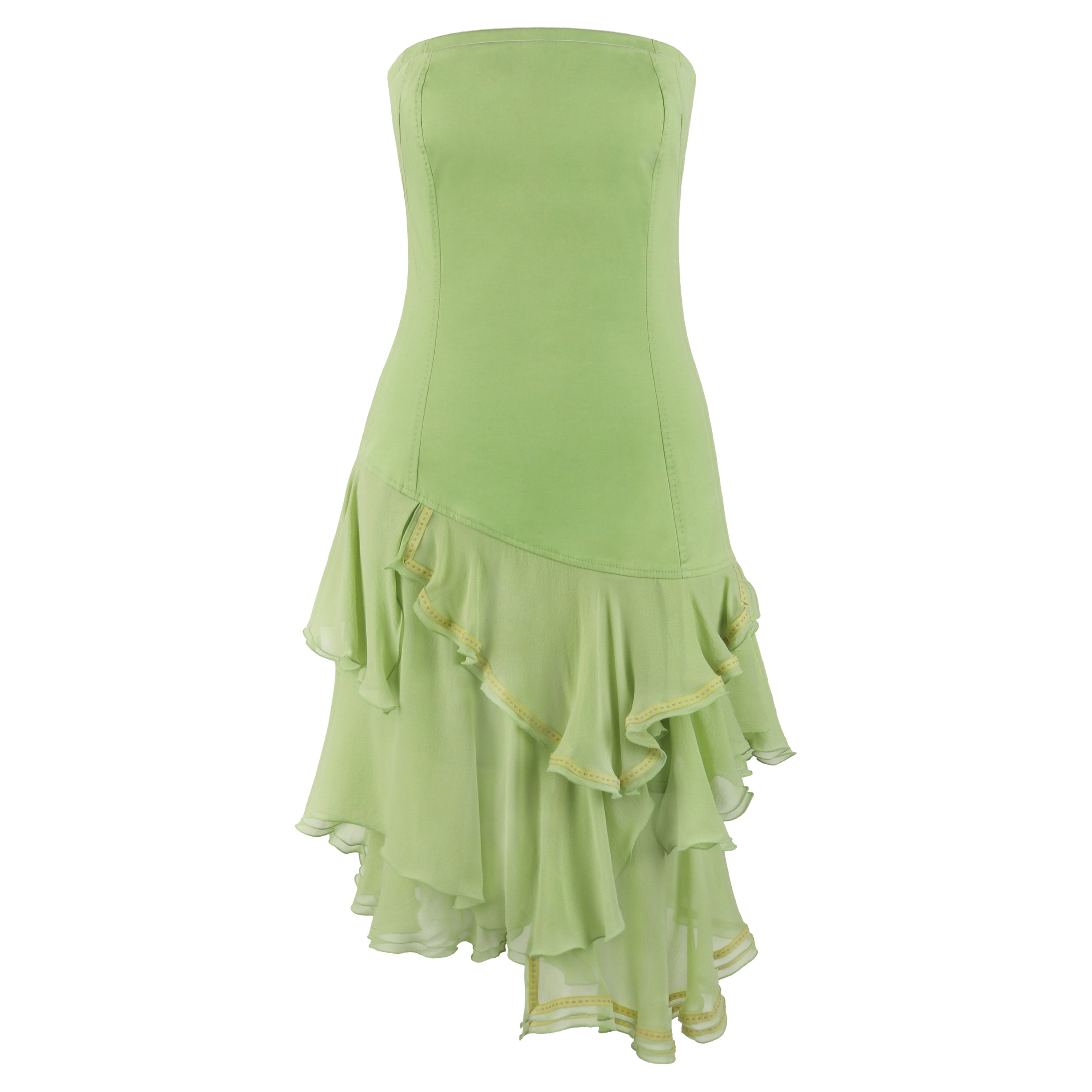 ALEXANDER McQUEEN S/S 1996 “The Hunger” Green Asymmetric Strapless Ruffle Dress For Sale