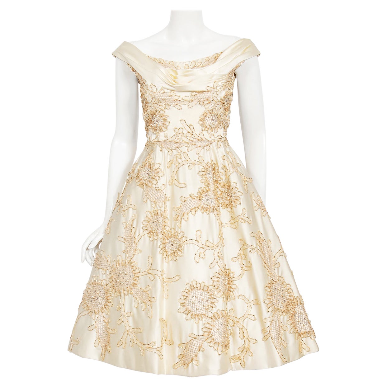 Vintage 1950's Ceil Chapman Ivory Satin Rhinestone Beaded Metallic Ribbon Dress