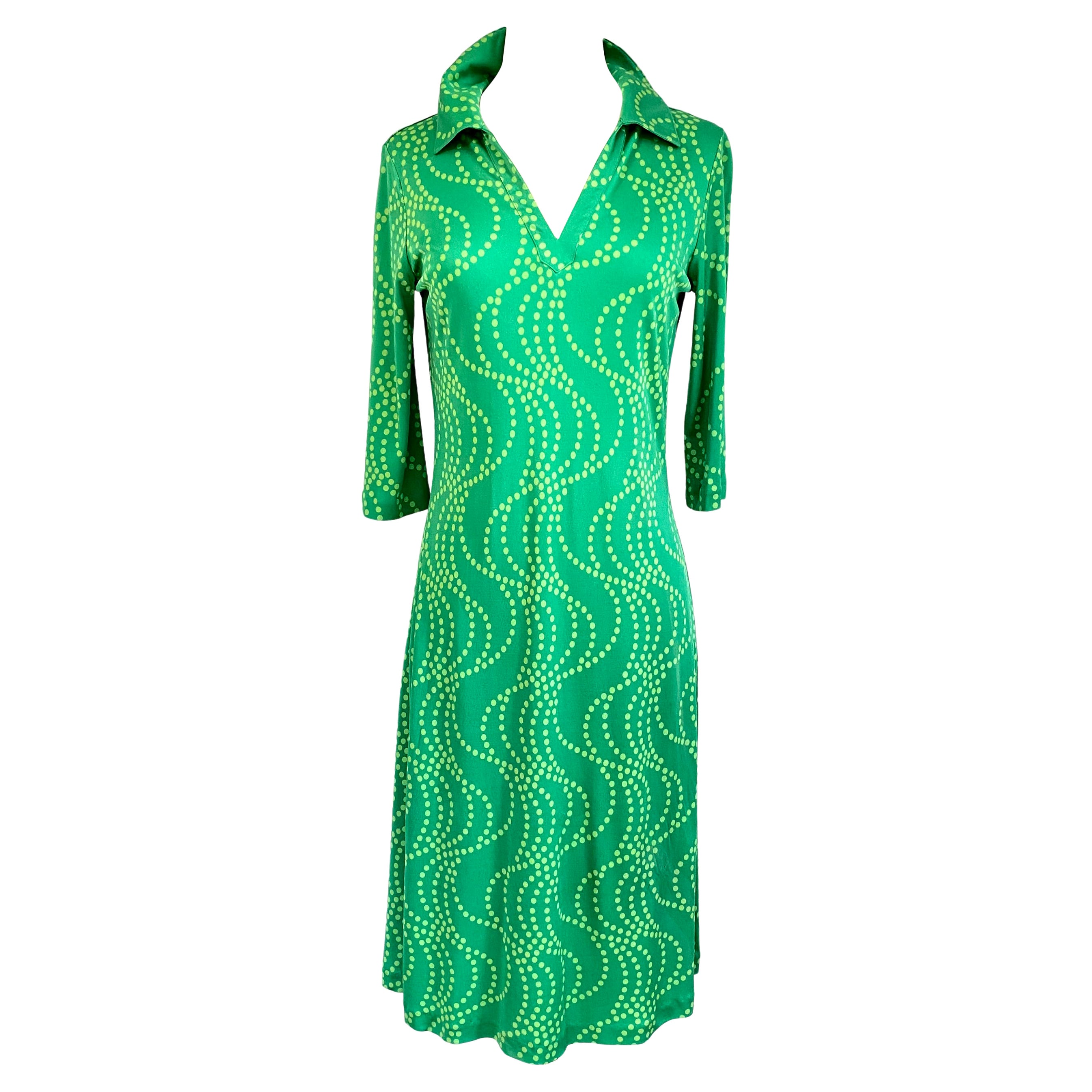 Green on green wave dots silk jersey polo dress FLORA KUNG For Sale