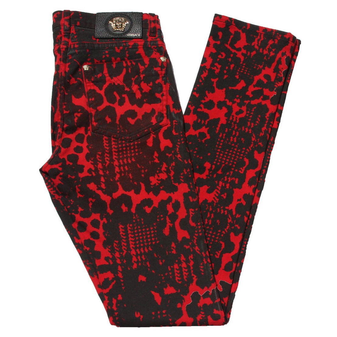 New $795 Versace Red Black Medusa Leopard Graphic Print Stretch Denim Jeans 25