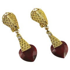 Balenciaga Vintage Gold Toned Ruby Glass Heart Dangling Earrings