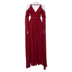 Used Elie Saab Burgundy Silk Cape Sleeve Detail Cold Shoulder Belted Ruffled Gown XS