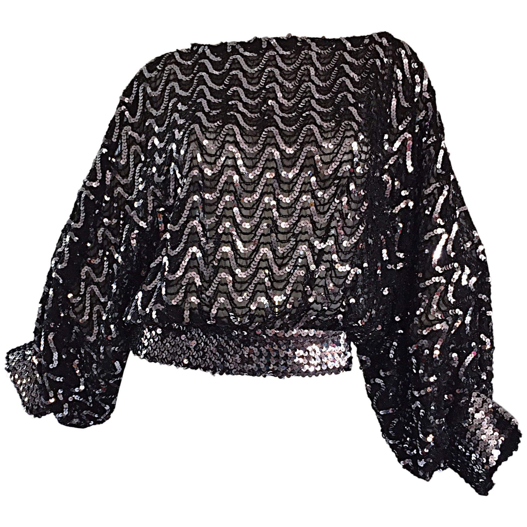 Vintage Jeanette Kastenberg 1980 St Martin Black Silver Sequin 80s Silk Blouse en vente