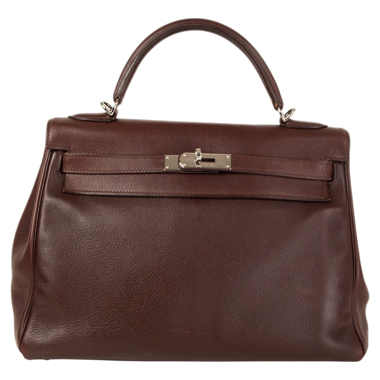 HERMES Havane brown Swift leather KELLY 32 RETOURNE Bag Palladium