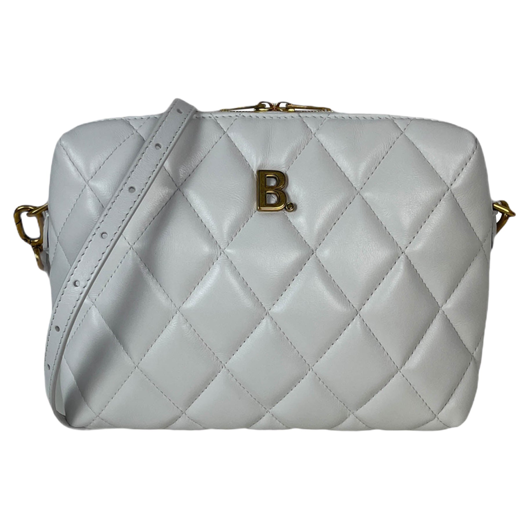 Balenciaga White Nappa Calfskin Leather B Dot Quilted Camera Crossbody Bag