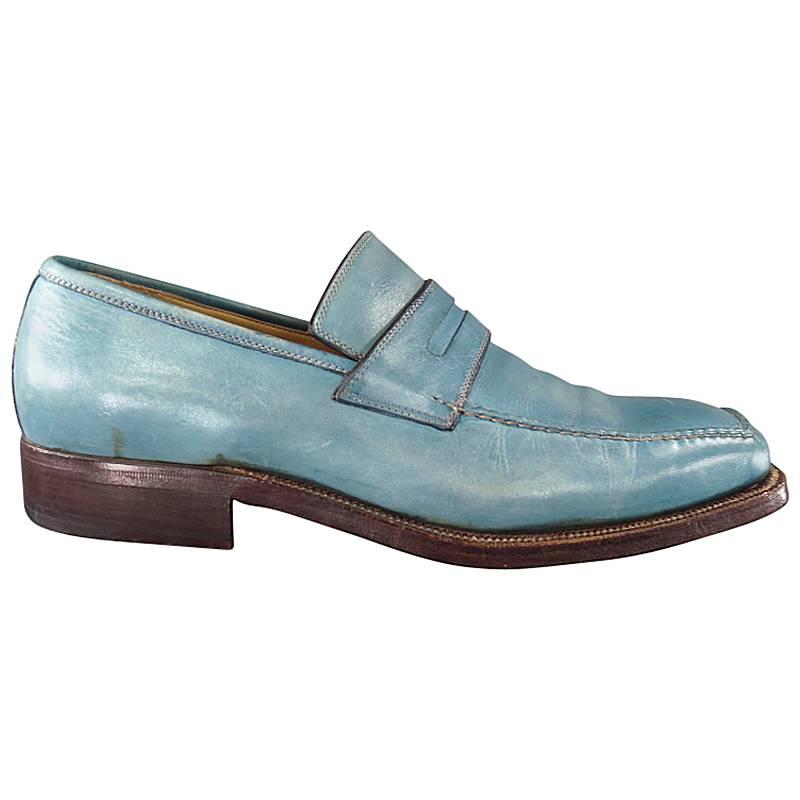 SUTOR MANTELLASSI Size 7.5 Men's Washed Blue Leather Penny Loafers