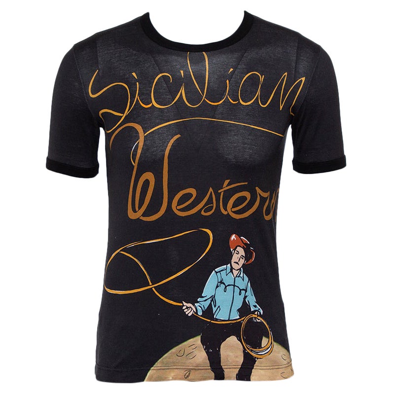 Dolce & Gabbana Schwarzes Sicilian Western-T-Shirt aus bedruckter Baumwolle mit Rundhalsausschnitt XS