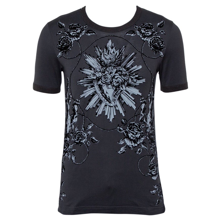 Dolce & Gabbana Graues T-Shirt aus Baumwolle mit Heiligem Herz-Uhrdruck XS