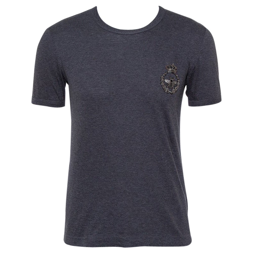 Dolce & Gabbana Grey Cotton Crown & Bee Patch T Shirt XS For Sale