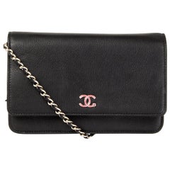CHANEL black leather FOUR LEAF CLOVER Wallet on Chain Bag WOC