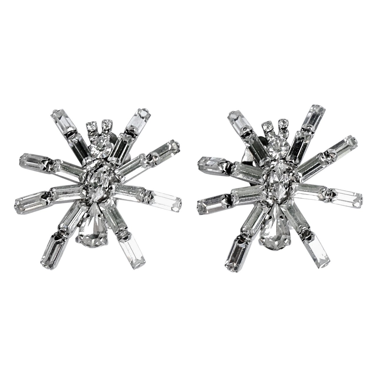 Silver Tone and Clear Rhinestone Clip On Spider Earrings, circa 1980s For Sale