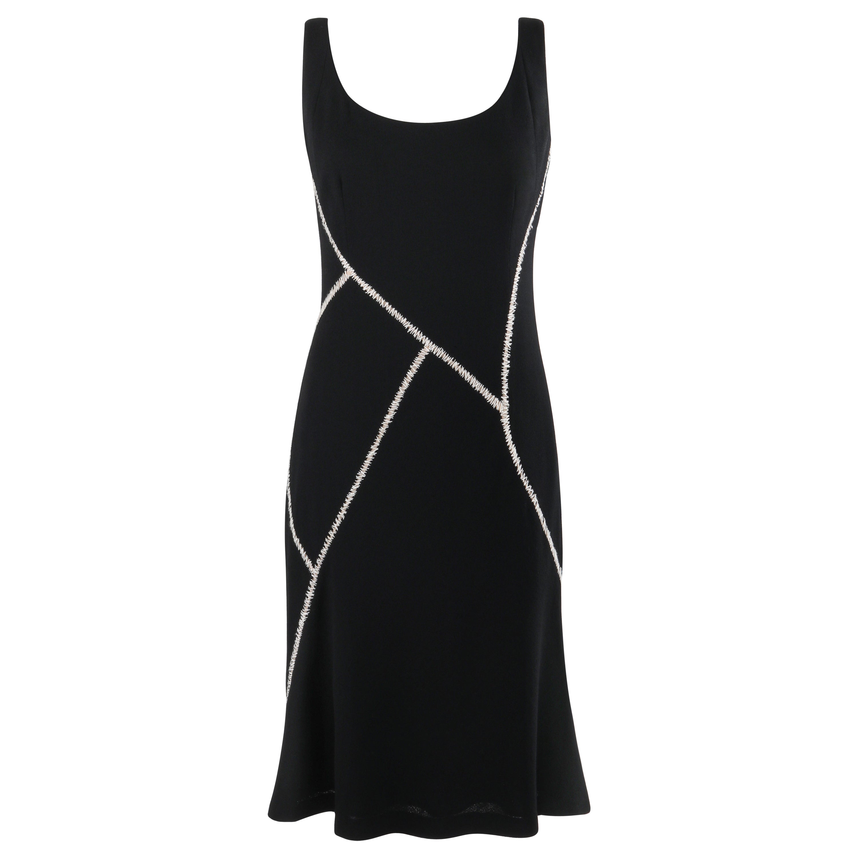 ALEXANDER McQUEEN S/S 2003 Black Ivory Contrast Stitch Kick Flare Cocktail Dress For Sale
