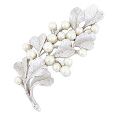 Vintage Textured Silver Leaf Brooch With Pearls By Crown Trifari, 1950s