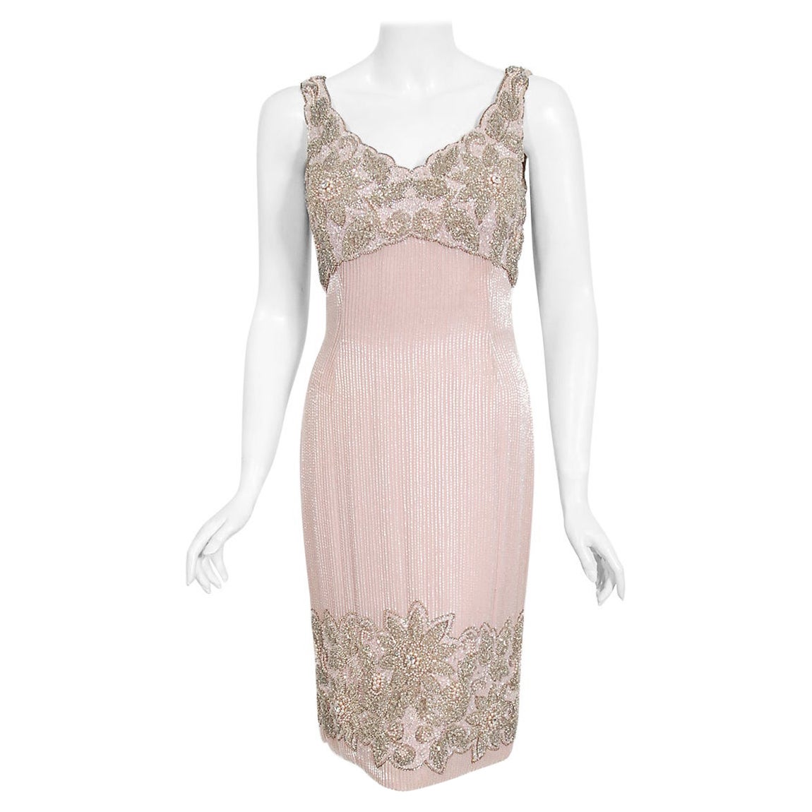 Vintage 1960's Helen Rose Couture Fully-Beaded Blush Pink Silk Hourglass Dress For Sale