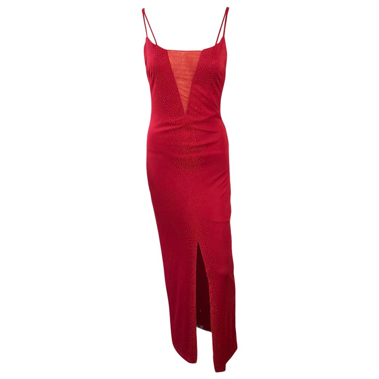 Gianni Versace 1990's Vintage Embellished Sheer Panel Red Evening Dress ...