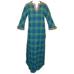 1960's Bob Bugnand Couture Plaid Kaftan Dress With Beads & Rhinestones